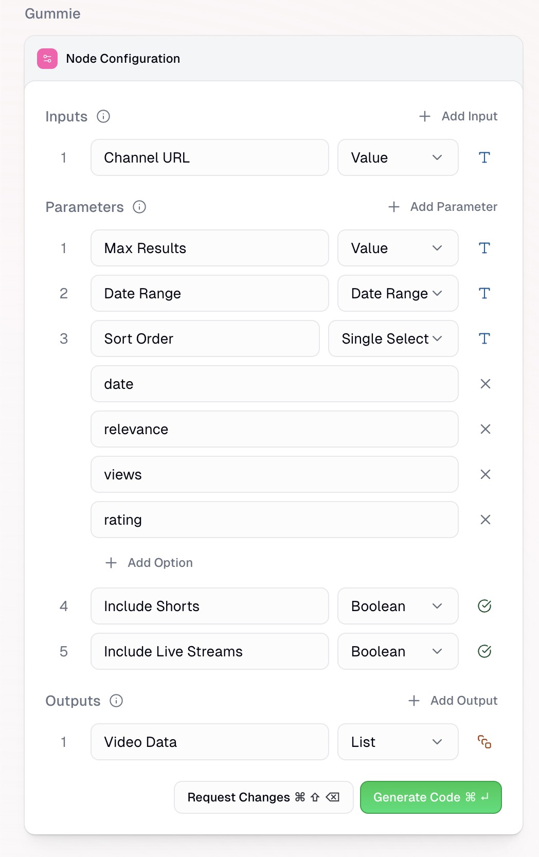 Suggested inputs, parameters, outputs